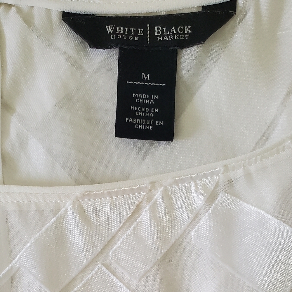 White House Black Market White Sheer Overlay Geometric Blouse Kimono Sleeve Sz M - Picture 2 of 7
